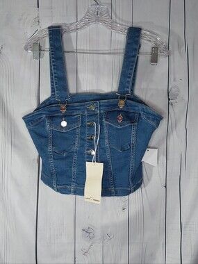 Love Trends Button-Front Denim Bustier Y2K Festival Edgy Crop Overalls Top NWT